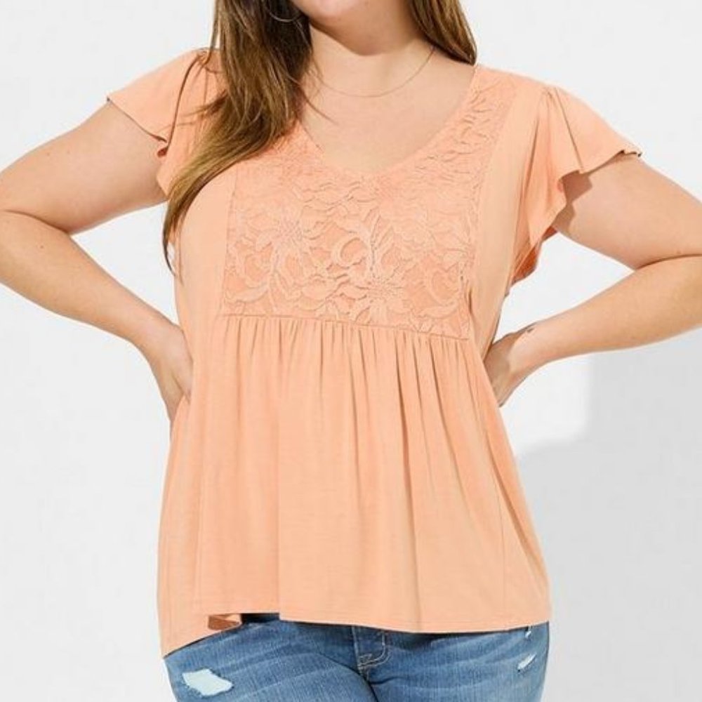 ❤NWT TORRID TEE - PEACH SUPER SOFT - RUFFLE SLEEVE - LACE DETAIL TOP